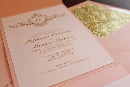 Blush, gold and white pocket invitations 2